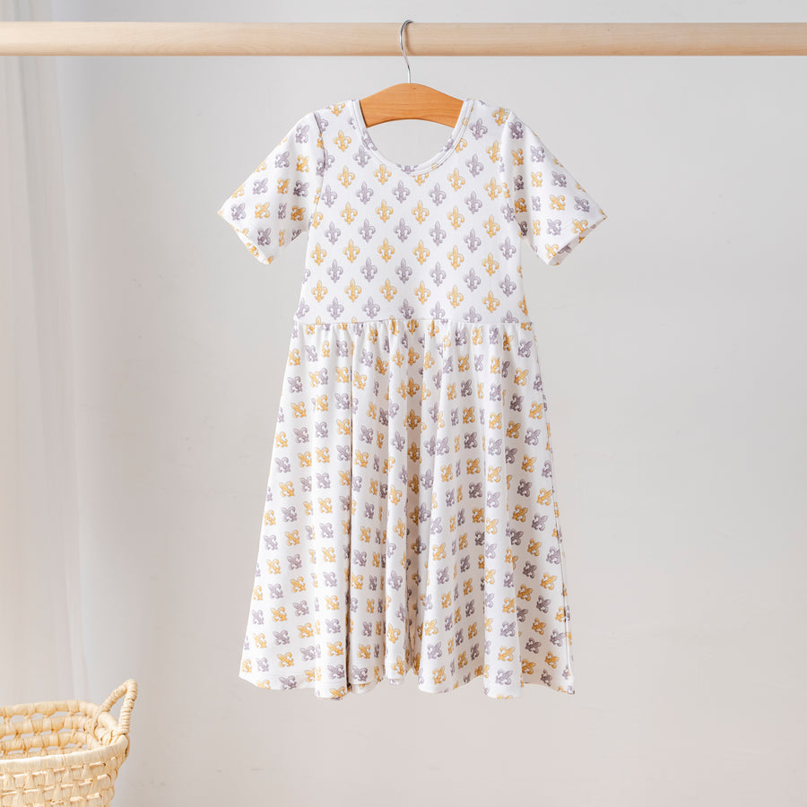 Black and Gold Fleur de Lis Organic Cotton Dress for Kids
