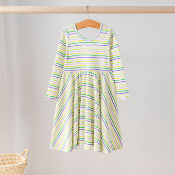 Organic cotton long-sleeve girls’ twirl dress with Mardi Gras striped print in purple, green, and gold. Eco-friendly kids clothing for festive celebrations.