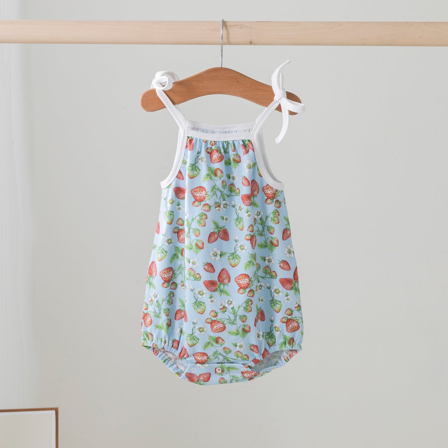 Strawberry Fields Organic Cotton Shoulder-Tie Onesie (Pre-Order Arriving Spring 2025)