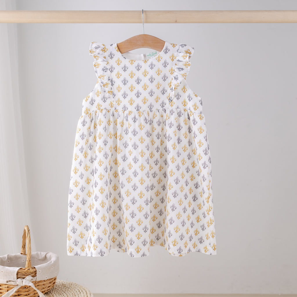 Black and Gold Fleur de Lis Organic Muslin Dress (Pre-Order Arriving Spring 2027)