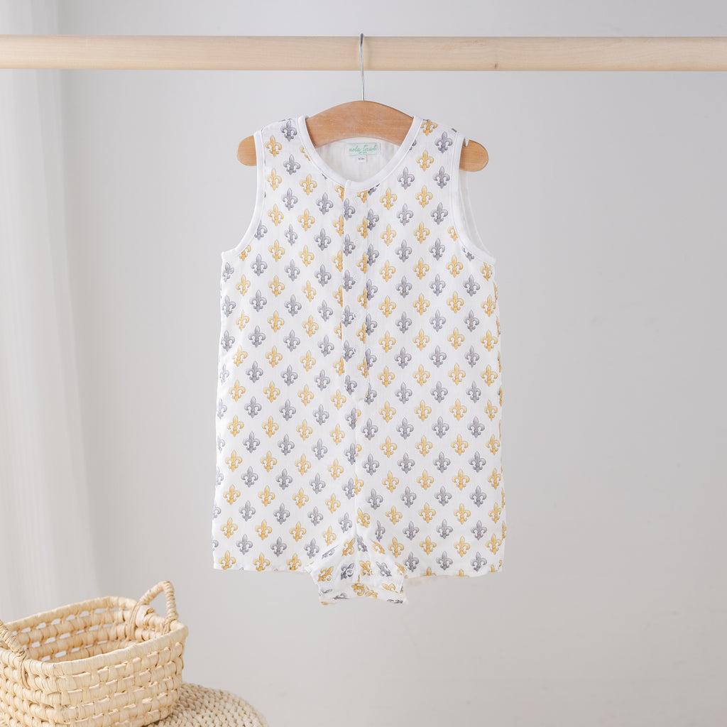 Black and Gold Fleur de Lis Organic Muslin Shortall (Pre-Order Arriving Spring 2027)