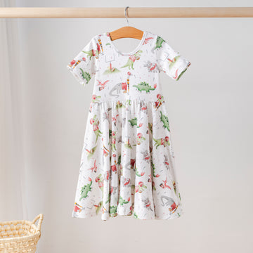Red (AL, AK, GA, & MS) Dino All-Stars Organic Cotton Twirl Dress (Pre-Order Arriving Fall 2025)