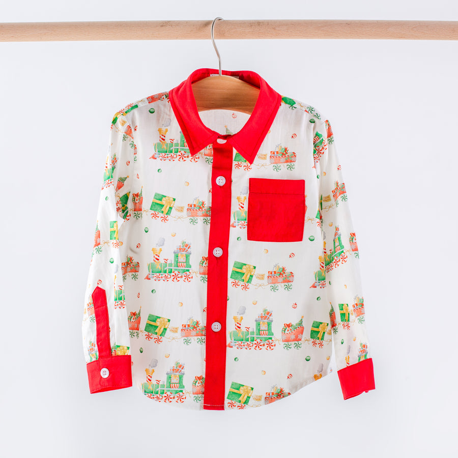 Santa's Sweet Express Long Sleeve Collared Shirt