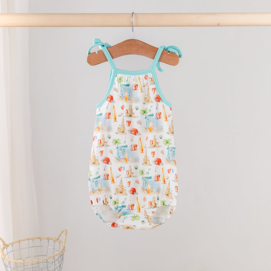 Beach Day Organic Cotton Shoulder-Tie Onesie (Pre-Order Arriving Spring 2026)