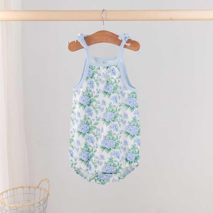Hydrangea Heaven Organic Cotton Shoulder-Tie Onesie (Pre-Order Arriving Spring 2026)