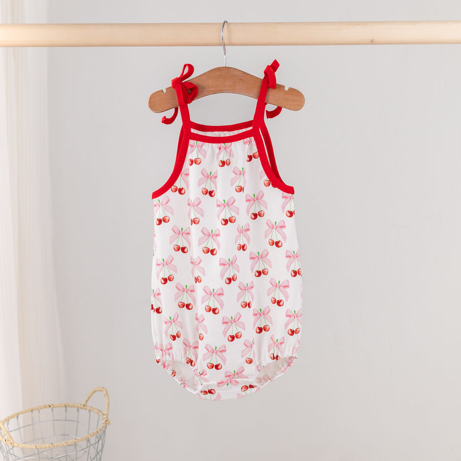 Cherry On Top Organic Cotton Shoulder-Tie Onesie (Pre-Order Arriving Spring 2026)