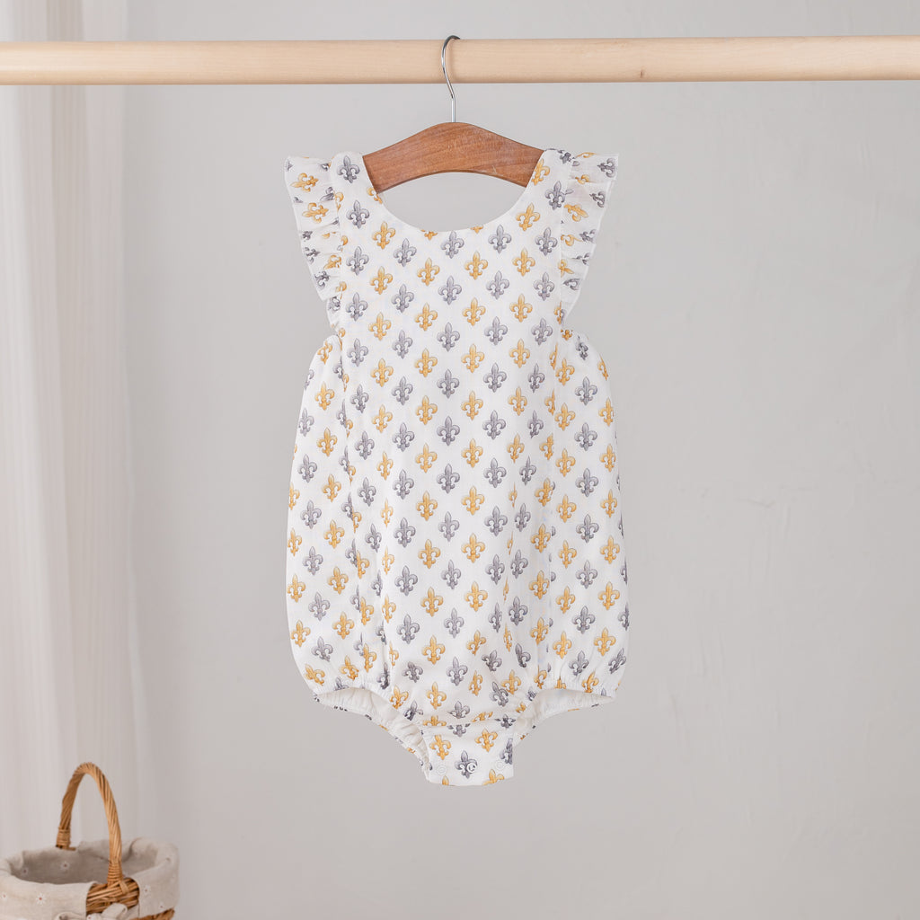 Black and Gold Fleur de Lis Organic Muslin Bubble Romper (Pre-Order Arriving Spring 2027)