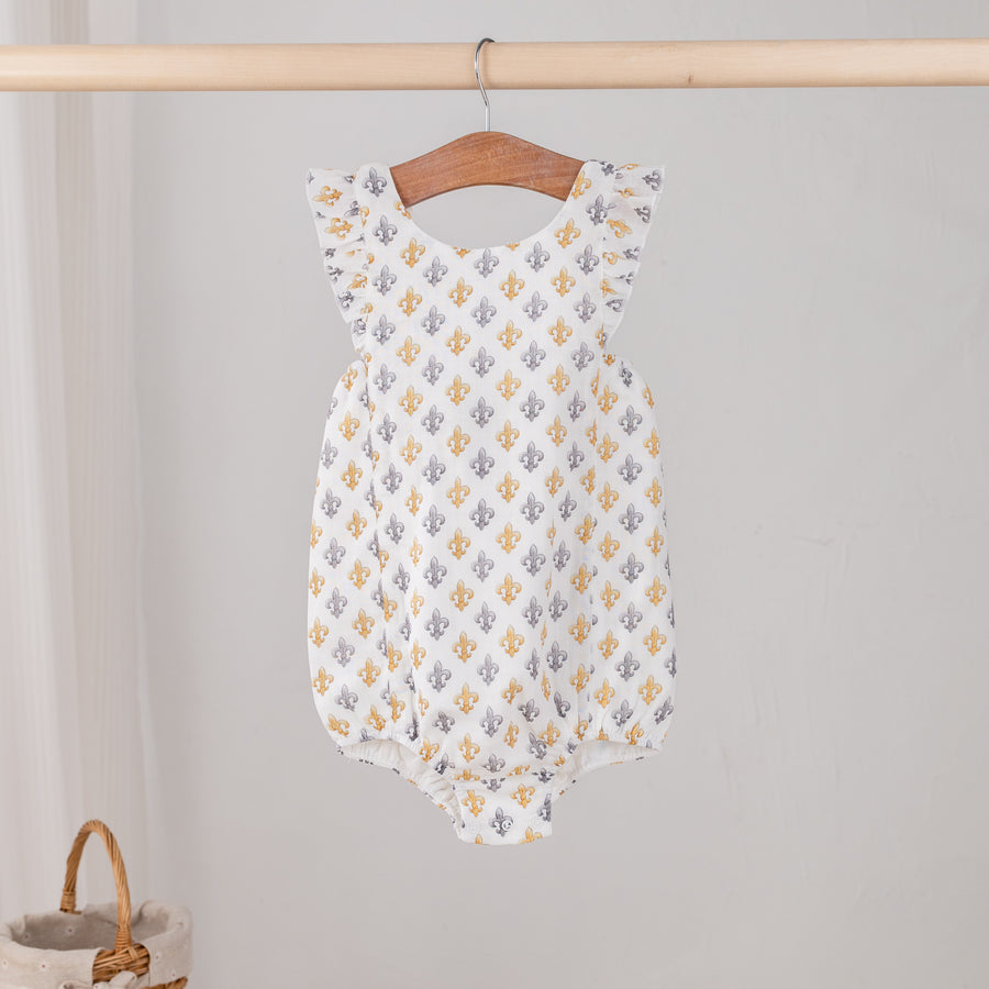 Black and Gold Fleur de Lis Organic Muslin Bubble Romper (Pre-Order Arriving Spring 2026)