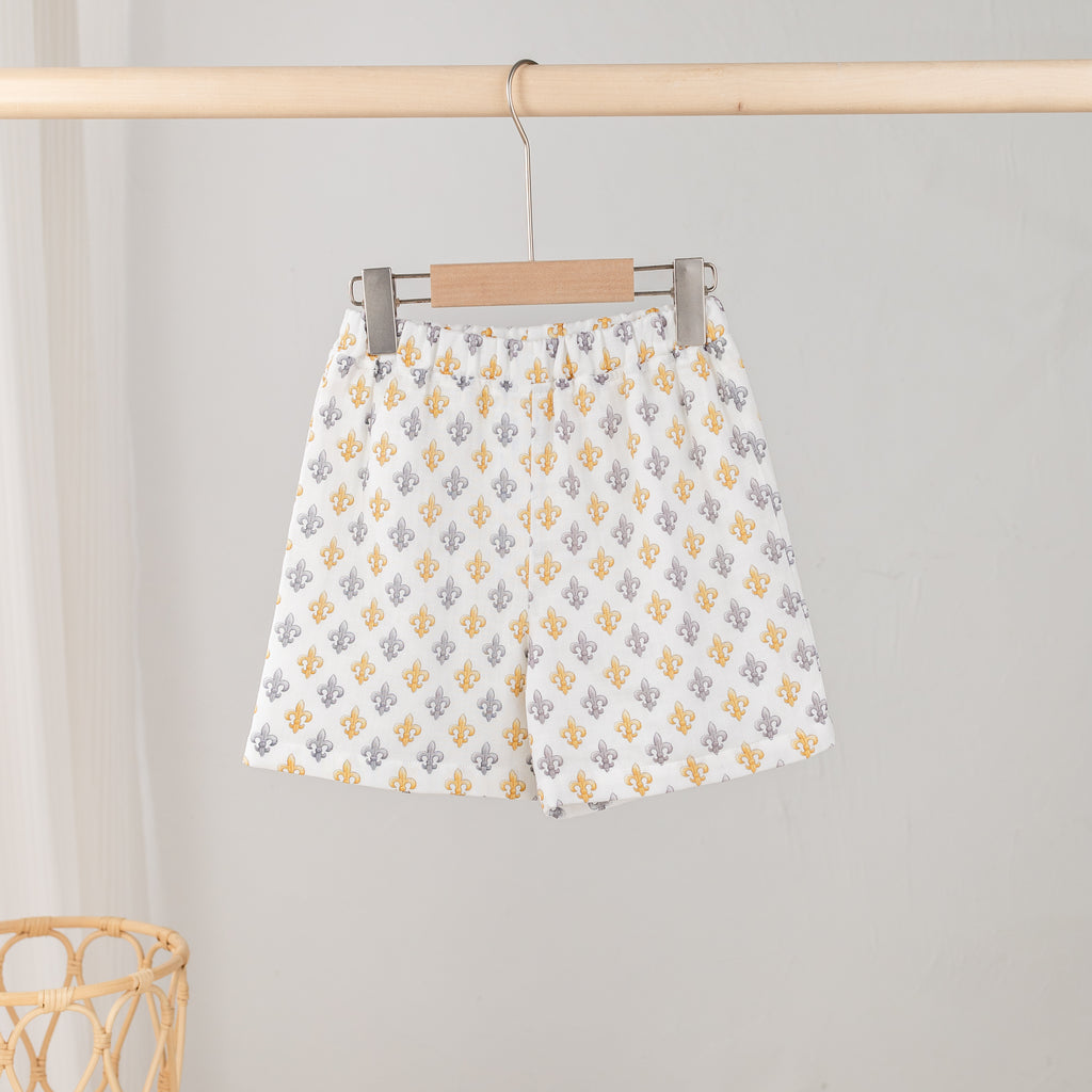 Black and Gold Fleur de Lis Organic Muslin Shorts (Pre-Order Arriving Spring 2027)